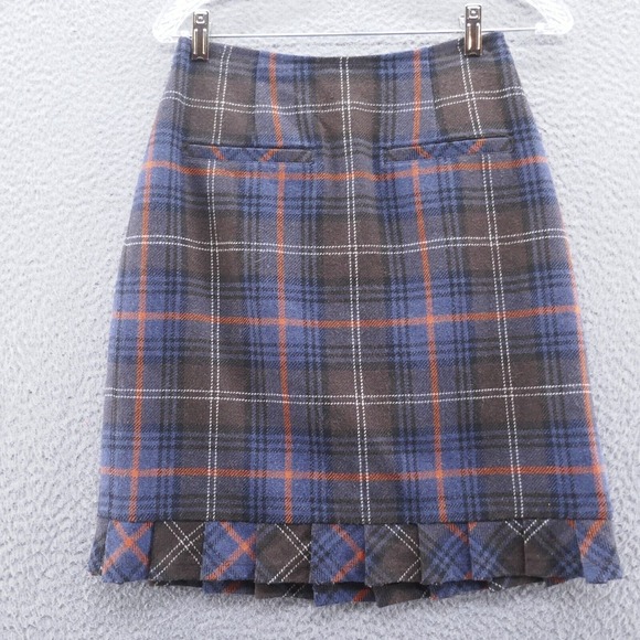 CAbi Dresses & Skirts - Cabi Womens Wool Blend Pencil Skirt 2 Blue Brown Tartan Plaid Pleated Ruffle Hem